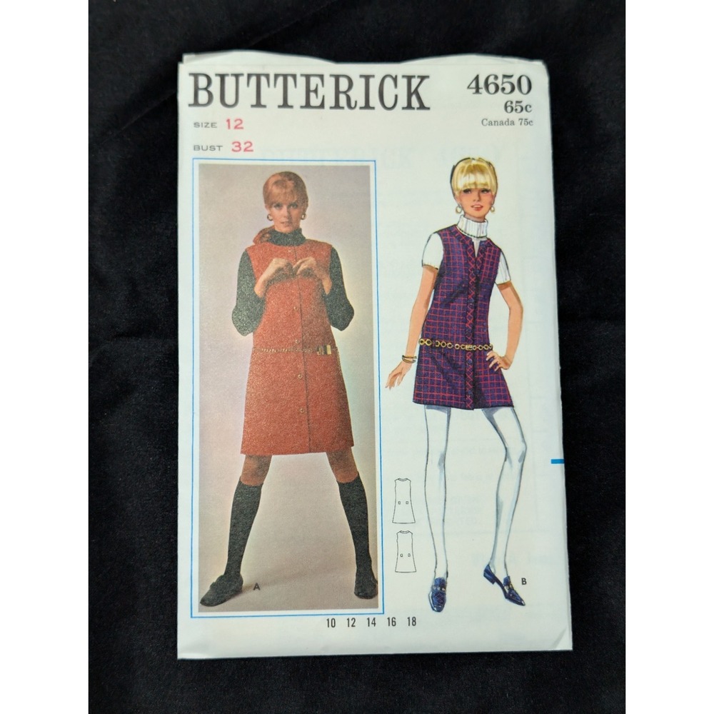 VTG 1960s Butterick 4650 Mod One-Piece Jumper Sewing Pattern Size 12 Bust 32